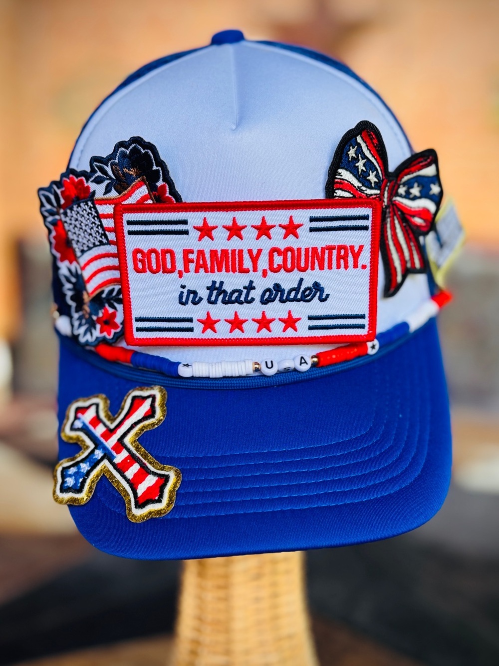 Patriotic Trucker Hat with 'God, Family, Country' Patch - Blue & White